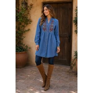 Zxtremz Embroidered Chambray Cotton Tunic Dress Medium Boho